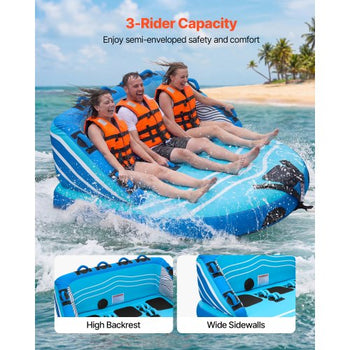 Towable Tubes for Boating, 3-Rider Inflatable Towable Tube for Boat to Pull, 510 lbs Capacity Water Sports Boating Tubes - with Full Nylon Cover, Dual Tow Points, Safety Valve & Padded Handles