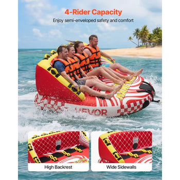 Towable Tubes for Boating, 4-Rider Inflatable Towable Tube for Boat to Pull, 680 lbs Capacity Water Sports Boating Tubes - with Full Nylon Cover, Dual Tow Points, Safety Valve & Padded Handles