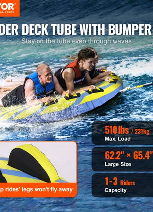 Towable Tube for Boating, 1-3 Riders Inflatable Towable Tube with Bumper Fins, 510 lbs Water Sport Towable Tubes for Boats to Pull, Full Nylon Cover, EVA Grab Handles and Speed Safety Valve