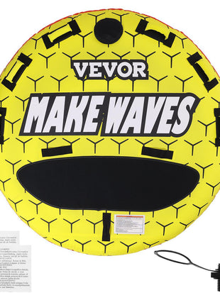 Yellow inflatable towable tube with "MAKE WAVES" text, featuring a honeycomb pattern and durable material.