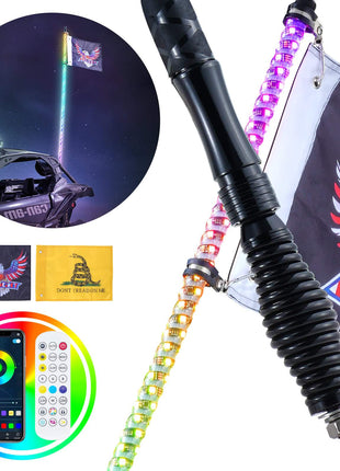 1 PC 3 FT Whip Light with Spring Base, Led Whip Light with APP & Remote Control, Waterproof 360° Spiral RGB Chasing Lighted Whip with 2 Flags, for UTVs, ATVs, Motorcycles, RZR, Can-am, Go-karts
