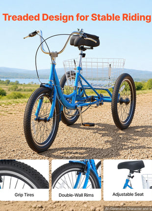 Adult Tricycle 20 inch Trike for Adult 3 Wheel Cruiser Bike, with Cargo Basket, Adjustable Seat, and Double-Wall Wheel Rims, Carbon Steel Shopping Picnic Tricycles for Women, Men, Seniors