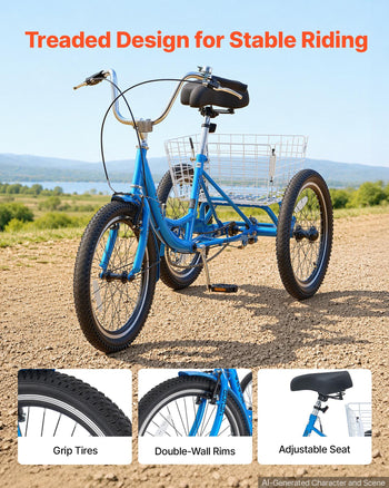 Adult Tricycle 20 inch Trike for Adult 3 Wheel Cruiser Bike, with Cargo Basket, Adjustable Seat, and Double-Wall Wheel Rims, Carbon Steel Shopping Picnic Tricycles for Women, Men, Seniors