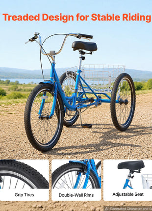 Adult Tricycle 24 inch Trike for Adult 3 Wheel Cruiser Bike, with Cargo Basket, Adjustable Seat, and Double-Wall Wheel Rims, Carbon Steel Shopping Picnic Tricycles for Women, Men, Seniors