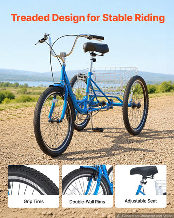 Adult Tricycle 24 inch Trike for Adult 3 Wheel Cruiser Bike, with Cargo Basket, Adjustable Seat, and Double-Wall Wheel Rims, Carbon Steel Shopping Picnic Tricycles for Women, Men, Seniors
