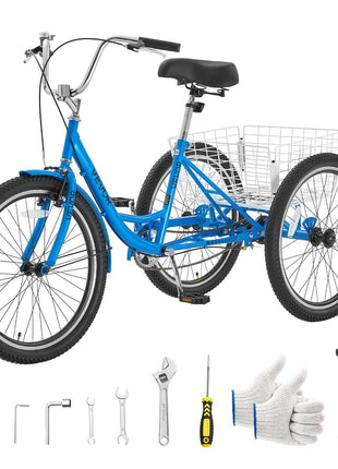 Adult Tricycle 24 inch Trike for Adult 3 Wheel Cruiser Bike, with Cargo Basket, Adjustable Seat, and Double-Wall Wheel Rims, Carbon Steel Shopping Picnic Tricycles for Women, Men, Seniors