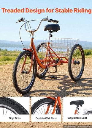 Adult Tricycle 24 inch 7 Speed Trikes for Adult 3 Wheel Cruiser Bike, w/ Cargo Basket, Adjustable Seat, and Double-Wall Wheel Rims, Carbon Steel Shopping Tricycles for Women, Men, Senior (Red)
