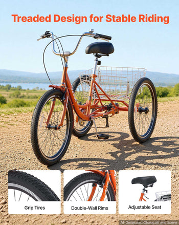 Adult Tricycle 24 inch 7 Speed Trikes for Adult 3 Wheel Cruiser Bike, w/ Cargo Basket, Adjustable Seat, and Double-Wall Wheel Rims, Carbon Steel Shopping Tricycles for Women, Men, Senior (Red)