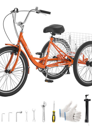 Adult Tricycle 24 inch 7 Speed Trikes for Adult 3 Wheel Cruiser Bike, w/ Cargo Basket, Adjustable Seat, and Double-Wall Wheel Rims, Carbon Steel Shopping Tricycles for Women, Men, Senior (Red)