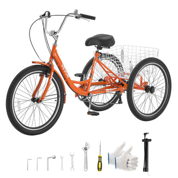Adult Tricycle 24 inch 7 Speed Trikes for Adult 3 Wheel Cruiser Bike, w/ Cargo Basket, Adjustable Seat, and Double-Wall Wheel Rims, Carbon Steel Shopping Tricycles for Women, Men, Senior (Red)