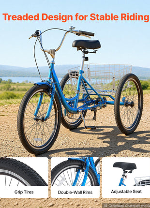 Adult Tricycle 24 inch 7 Speed Trikes for Adult 3 Wheel Cruiser Bike, w/ Cargo Basket, Adjustable Seat, and Double-Wall Wheel Rims, Carbon Steel Shopping Tricycles for Women, Men, Senior (Blue)
