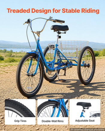 Adult Tricycle 24 inch 7 Speed Trikes for Adult 3 Wheel Cruiser Bike, w/ Cargo Basket, Adjustable Seat, and Double-Wall Wheel Rims, Carbon Steel Shopping Tricycles for Women, Men, Senior (Blue)
