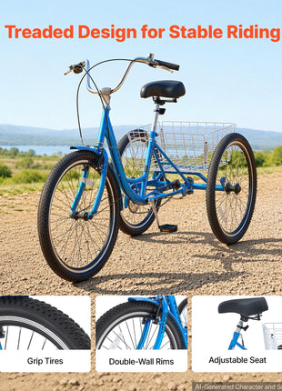 Adult Tricycle 26 inch Trike for Adult 3 Wheel Cruiser Bike, with Cargo Basket, Adjustable Seat, and Double-Wall Wheel Rims, Carbon Steel Shopping Picnic Tricycles for Women, Men, Seniors