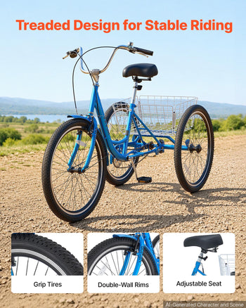 Adult Tricycle 26 inch Trike for Adult 3 Wheel Cruiser Bike, with Cargo Basket, Adjustable Seat, and Double-Wall Wheel Rims, Carbon Steel Shopping Picnic Tricycles for Women, Men, Seniors