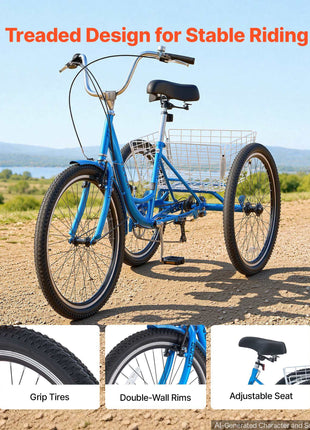 Adult Tricycle 26 inch 7 Speed Trikes for Adult 3 Wheel Cruiser Bike, w/ Cargo Basket, Adjustable Seat, and Double-Wall Wheel Rims, Carbon Steel Shopping Tricycles for Women, Men, Senior (Blue)
