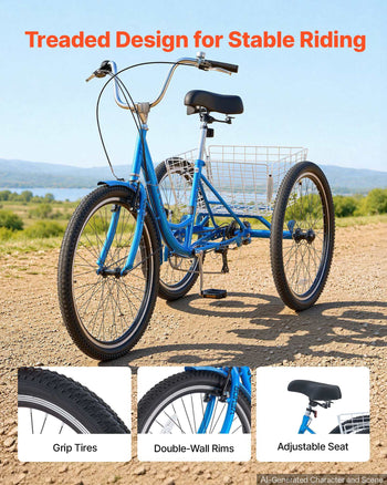 Adult Tricycle 26 inch 7 Speed Trikes for Adult 3 Wheel Cruiser Bike, w/ Cargo Basket, Adjustable Seat, and Double-Wall Wheel Rims, Carbon Steel Shopping Tricycles for Women, Men, Senior (Blue)