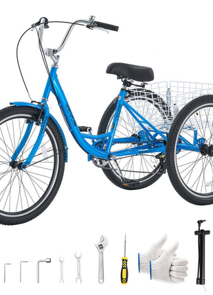 Adult Tricycle 26 inch 7 Speed Trikes for Adult 3 Wheel Cruiser Bike, w/ Cargo Basket, Adjustable Seat, and Double-Wall Wheel Rims, Carbon Steel Shopping Tricycles for Women, Men, Senior (Blue)