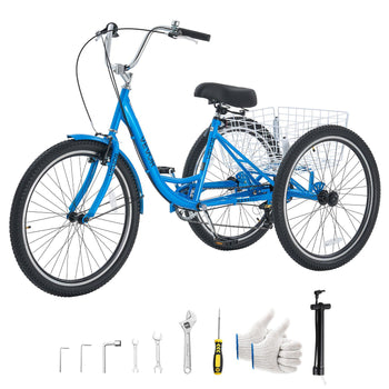 Adult Tricycle 26 inch 7 Speed Trikes for Adult 3 Wheel Cruiser Bike, w/ Cargo Basket, Adjustable Seat, and Double-Wall Wheel Rims, Carbon Steel Shopping Tricycles for Women, Men, Senior (Blue)