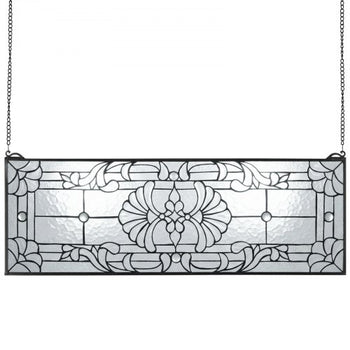 Stained Glass Window Panel, 35.2" x 13" Tiffany Style Hanging Transom Window Panel with Chain, Large Horizontal Rectangle Stain Glass, Vintage Traditional Art Handcrafts for Kitchen Home Decor