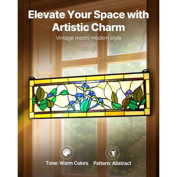 Stained Glass Window Panel, 35.2" x 13.1" Tiffany Style Hanging Transom Window Panel with Chain, Large Horizontal Rectangle Stain Glass, Vintage Traditional Art Handcrafts for Kitchen Home Decor