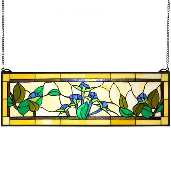 Stained Glass Window Panel, 35.2" x 13.1" Tiffany Style Hanging Transom Window Panel with Chain, Large Horizontal Rectangle Stain Glass, Vintage Traditional Art Handcrafts for Kitchen Home Decor