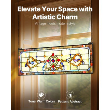 Stained Glass Window Panel, 32" x 11" Tiffany Style Hanging Transom Window Panel with Chain, Large Horizontal Rectangle Stain Glass, Vintage Traditional Art Handcrafts for Kitchen Home Decor