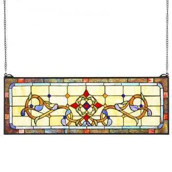 Stained Glass Window Panel, 32" x 11" Tiffany Style Hanging Transom Window Panel with Chain, Large Horizontal Rectangle Stain Glass, Vintage Traditional Art Handcrafts for Kitchen Home Decor