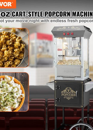 Popcorn Maker with Cart, 850W Popcorn Popper Machine, 8 Oz Kettle Makes 48 Cups per Batch, Popcorn Maker Equipped with Tempered Glass, Includes 4 Scoops, Movie Theater Style, Black