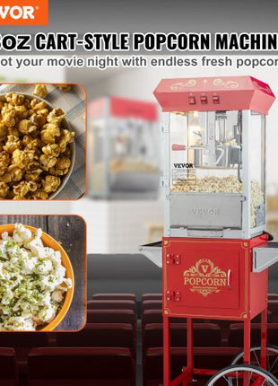 Popcorn Maker with Cart, 850W Popcorn Popper Machine, 8 Oz Kettle Makes 48 Cups per Batch, Popcorn Maker Equipped with Tempered Glass, Includes 4 Scoops, Movie Theater Style, Red