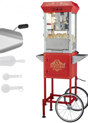 Popcorn Maker with Cart, 850W Popcorn Popper Machine, 8 Oz Kettle Makes 48 Cups per Batch, Popcorn Maker Equipped with Tempered Glass, Includes 4 Scoops, Movie Theater Style, Red
