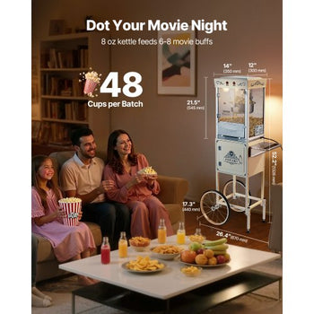 Popcorn Machine with Cart, 8oz Stainless Steel Kettle, 800W Commercial Popcorn Maker, 48 Cups per Batch Theater Style Popper, with 2-Button Control Glass Wall PC Door 1 Scoop 3 Spoons, White