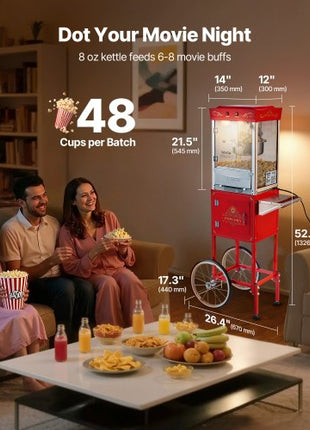 Popcorn Machine with Cart, 8oz Stainless Steel Kettle, 800W Commercial Popcorn Maker, 48 Cups per Batch Theater Style Popper, with 2-Button Control Glass Wall PC Door 1 Scoop 3 Spoons, Red