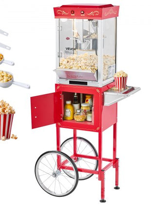 Popcorn Machine with Cart, 8oz Stainless Steel Kettle, 800W Commercial Popcorn Maker, 48 Cups per Batch Theater Style Popper, with 2-Button Control Glass Wall PC Door 1 Scoop 3 Spoons, Red