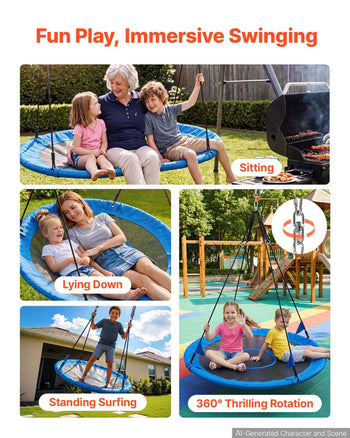Tree Swing 60" Saucer Swing for Kids & Adults 700 lbs Weight Capacity, for Backyard Outdoor & Indoor, 360° Rotation, 900D Oxford Fabric Round Seat with 2 Hanging Straps & Adjustable Ropes, Blue