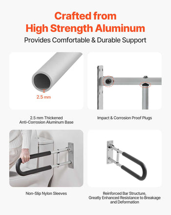 Toilet Safety Rail, 23.8 Inch U-Shaped Handicap Grab Bar, Foldable Senior Safety Pole, Flip Up Toilet Grab Bar with Anti-Slip Support Handle, 300 Lb Load Capacity for Elderly, Disabled, Pregnant