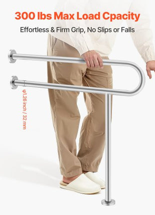 Toilet Safety Rail, 31.5 Inch U-Shaped Handicap Grab Bar, 304 Stainless Steel Senior Safety Pole, Toilet Grab Bars with Anti-Slip Handle, 300 Lbs Load Capacity Security Handrail with Support Leg