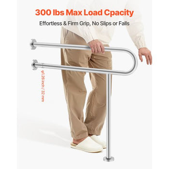 Toilet Safety Rail, 31.5 Inch U-Shaped Handicap Grab Bar, 304 Stainless Steel Senior Safety Pole, Toilet Grab Bars with Anti-Slip Handle, 300 Lbs Load Capacity Security Handrail with Support Leg
