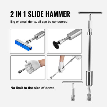 Chrome 2-in-1 slide hammer tool for dent removal, includes a grip handle and interchangeable attachments.