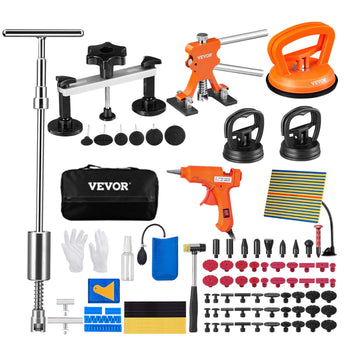 VEVOR 24-piece auto body repair tool kit with orange accessories, suction cups, and assorted repair pads in a portable case.