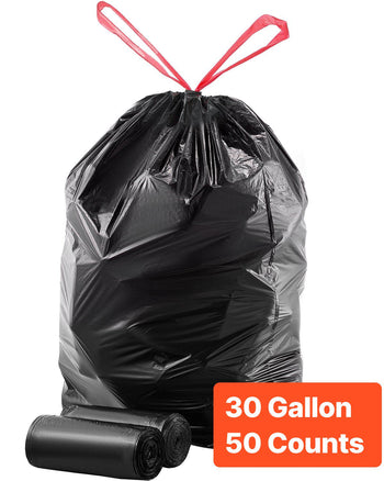 Drawstring Trash Bags, 30 Gallon 50 Count Tall Kitchen Trash Bags, Extra Thick Tough and Durable Garbage Bag, Recyclable Bin Bag with Drawstrings, for Home Kitchen, Office, RV & Camping (Black)