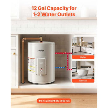 12 Gallon Electric Tank Water Heater, 1600W Point-of-Use Hot Water Heater with LED Display, Knob Control, Side Outlet, 120V Storage Design with T&P Valve for Small Apartments & Studios, Gray