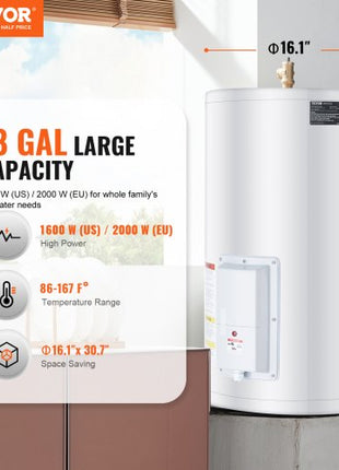 Electric Water Heater, 18 Gallon Tank Instant Hot Water Heater, 1.6Kw Tankless Water Heater w/ LED Display,Knob Control, IPX4 Waterproof Side Connection On Demand Heaters for Shower, Bath