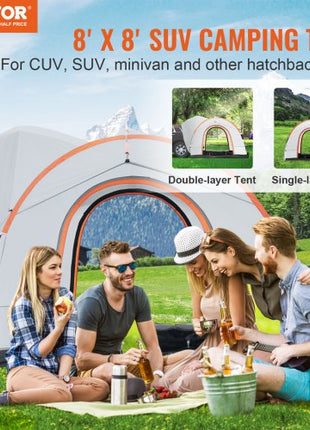SUV Camping Tent, 8'-8' SUV Tent Attachment for Camping with Rain Layer and Carry Bag, PU2000mm Double Layer Truck Tent, Accommodate 6-8 Person, Rear Tent for Van Hatch Tailgate