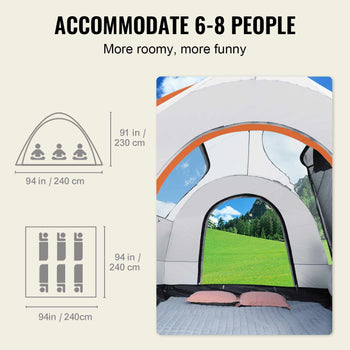 Spacious 6-8 person tent in grey and orange, featuring large doors and mesh windows for ventilation and outdoor enjoyment.
