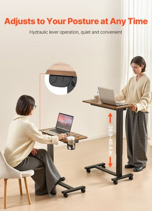Overbed Table, Mobile Bed Side Table with 4 Wheels, Electric Lifting with Upgrade Button, Rolling Laptop Desk with Cup Holder, Height Adjustable Overbed Desk for Home, Office, Study, Wood+Black