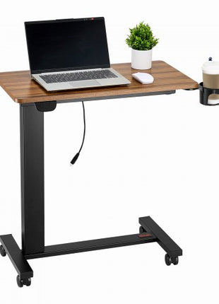 Overbed Table, Mobile Bed Side Table with 4 Wheels, Electric Lifting with Upgrade Button, Rolling Laptop Desk with Cup Holder, Height Adjustable Overbed Desk for Home, Office, Study, Wood+Black
