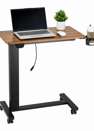 Overbed Table, Mobile Bed Side Table with 4 Wheels, Electric Lifting with Upgrade Button, Rolling Laptop Desk with Cup Holder, Height Adjustable Overbed Desk for Home, Office, Study, Wood+Black