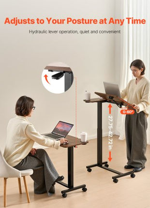 Overbed Table, Mobile Bed Side Table with Flip Desktop and 4 Wheels, Height & Angle Adjustable Rolling Laptop Desk with Cup Holder, Portable Over Bed Desk for Home, Office, Study, Wood + Black
