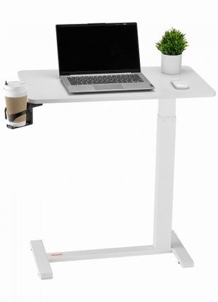 Overbed Table, Mobile Bed Side Table with 4 Hidden Wheels, Height Adjustable Rolling Laptop Desk with Cup Holder, Portable Particleboard Over Bed Desk for Home, Office, Study, White