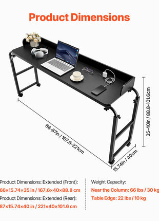 Overbed Table, Mobile Bed Side Table with 4 Wheels (2 with Brakes) and Power Socket, Height Adjustable Rolling Laptop Desk, Portable Particleboard Over Bed Desk for Home, Office, Study, Black